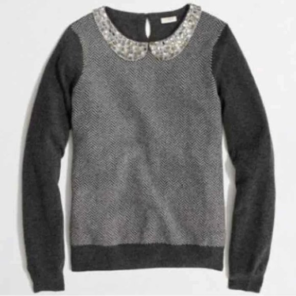 J. Crew Gray Herringbone Jeweled Peter Pan Collar Sweater Size XS - Picture 1 of 6